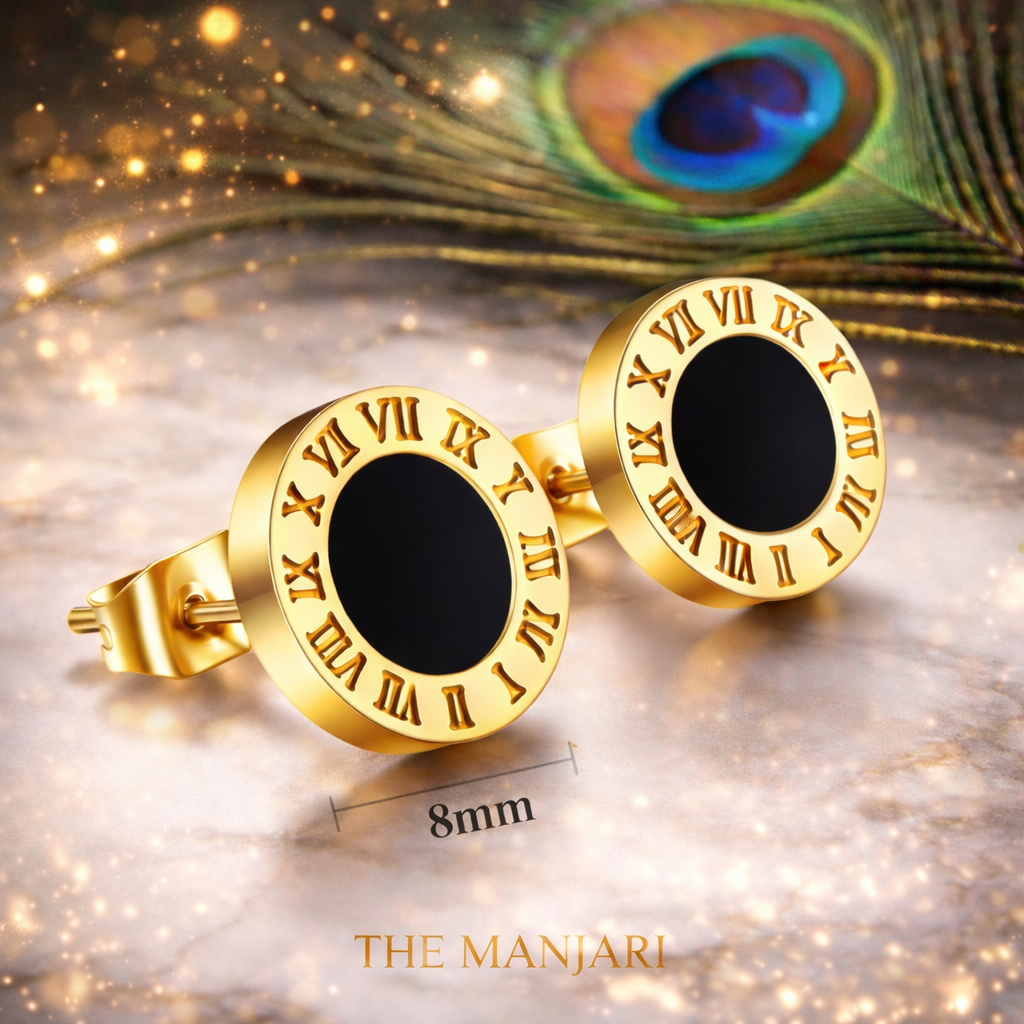 Gold Roman Black Enamel Numeral Stud Earrings