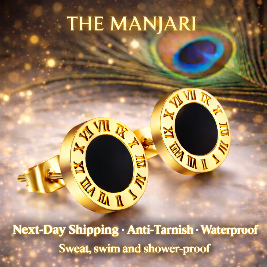 Gold Roman Black Enamel Numeral Stud Earrings