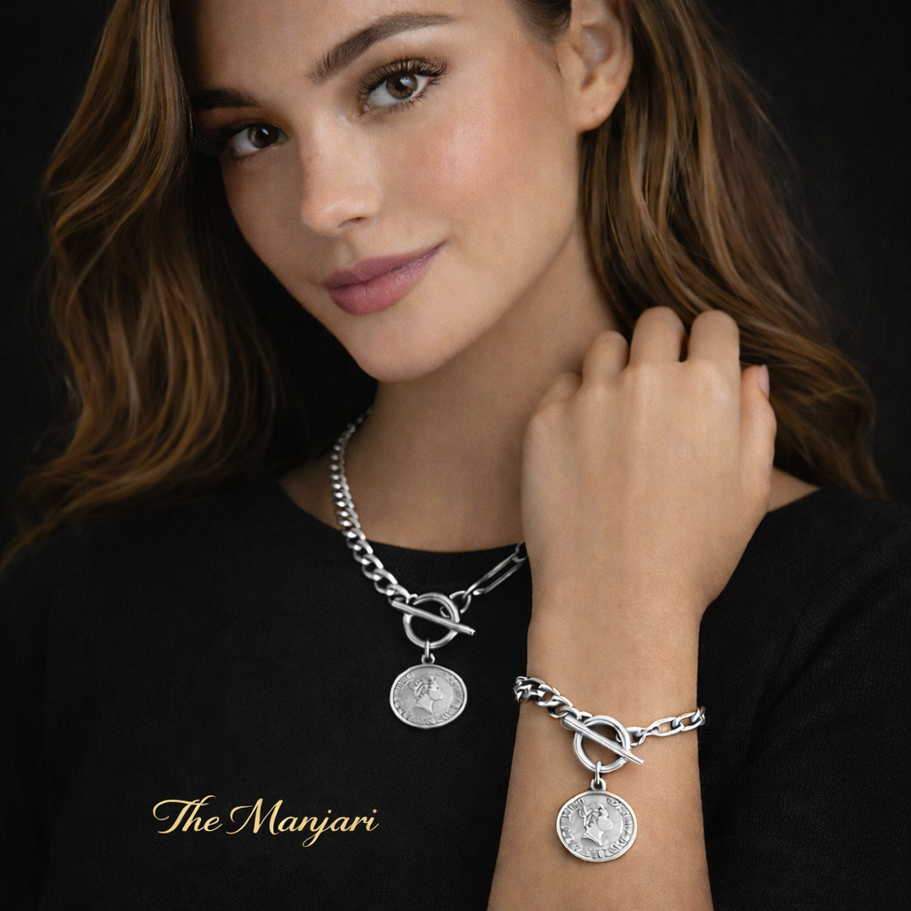 Silver Chunky Chain Bracelet with Coin Charm