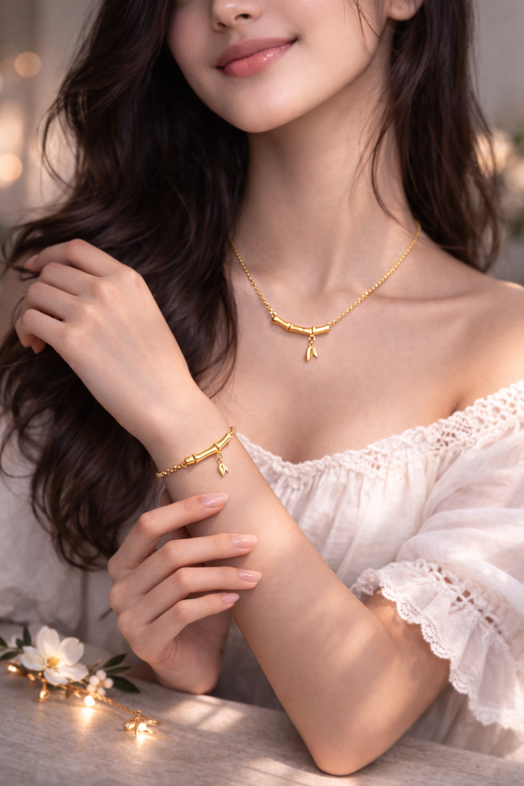 Bamboo Necklace & Bracelet Set – 18K Gold Plated Stainless Steel | Waterproof Tarnish-Free Minimalist Jewelry