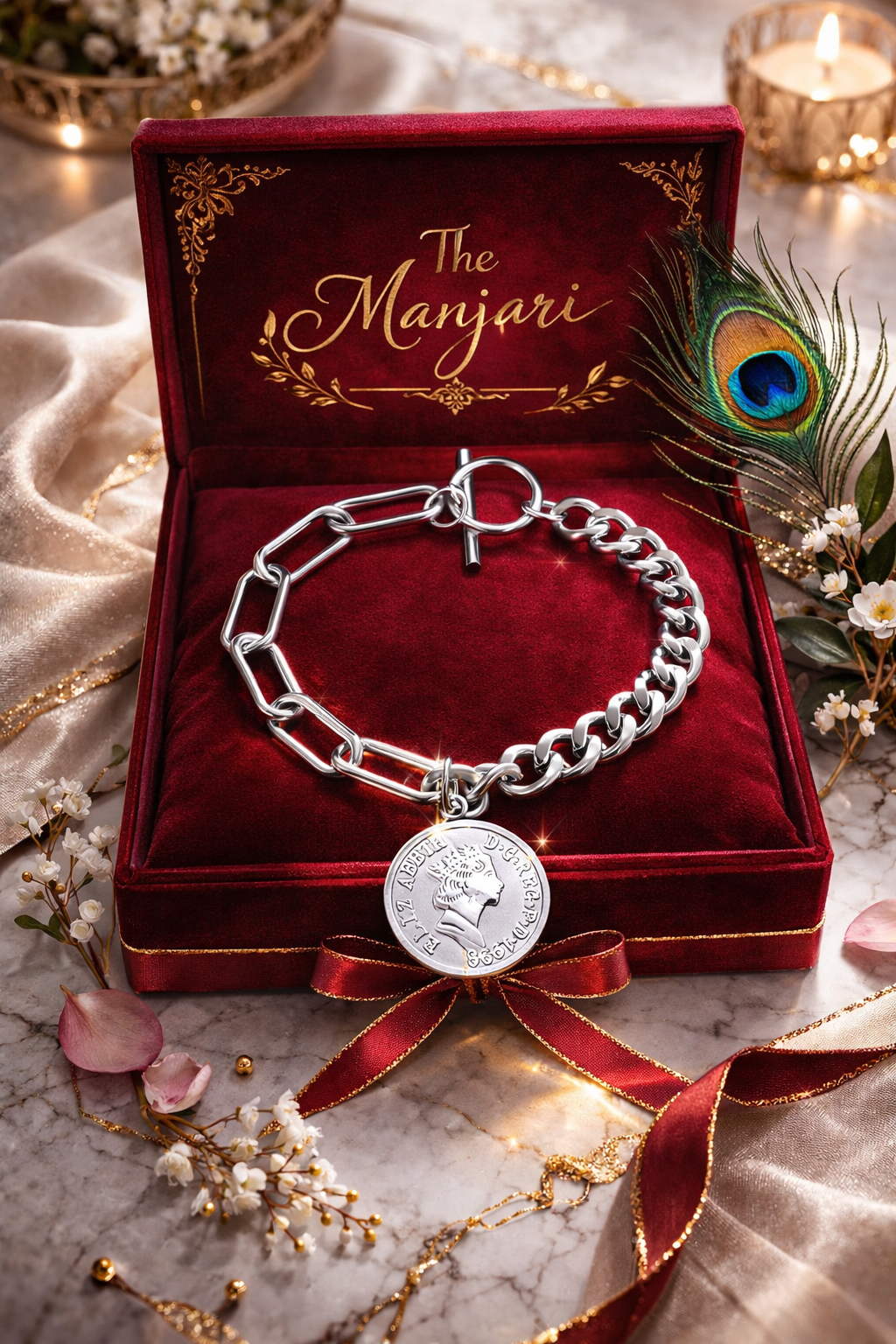 Silver Chunky Chain Bracelet with Coin Charm