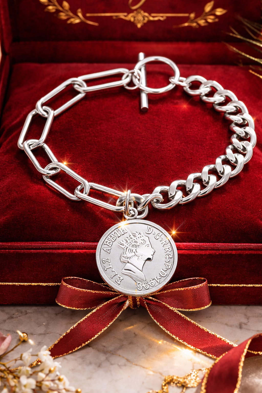 Silver Chunky Chain Bracelet with Coin Charm
