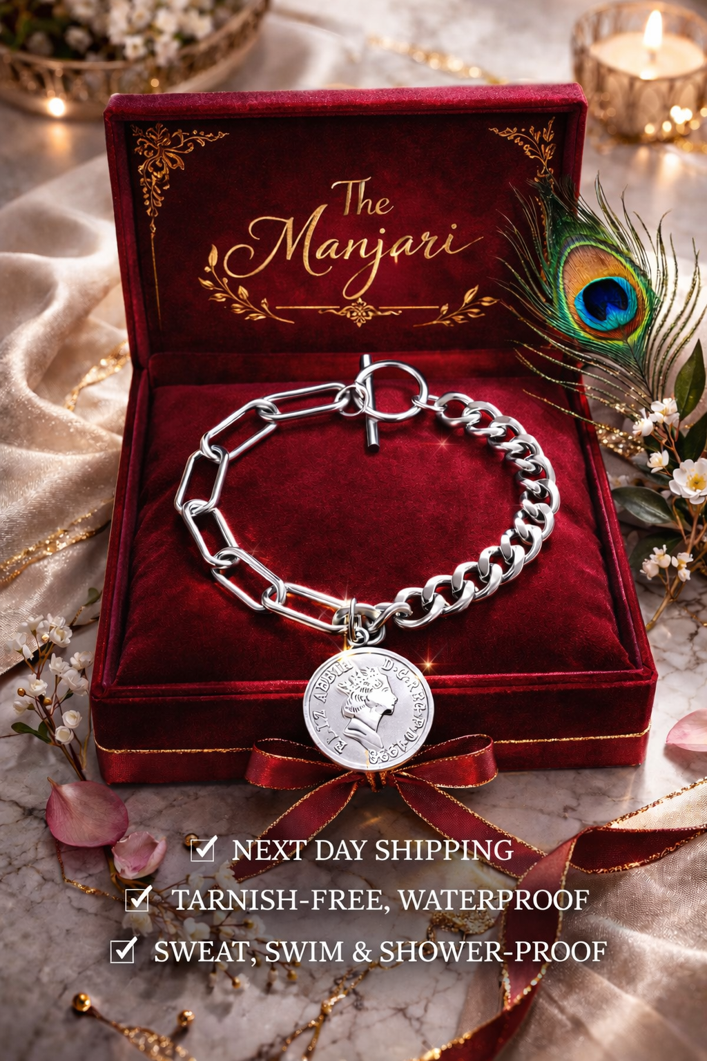 Silver Chunky Chain Bracelet with Coin Charm