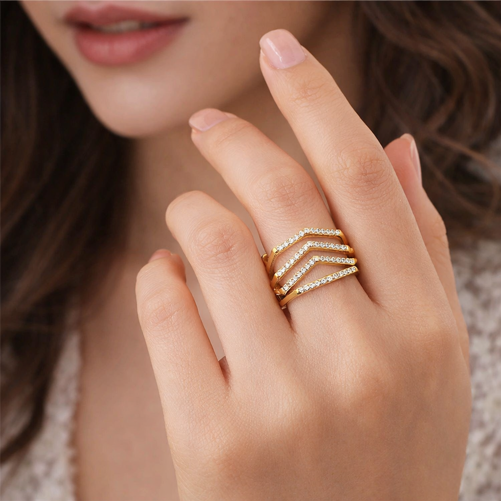 Adjustable Geometric Cubic Zirconia Ring | Waterproof 18K Gold Plated Stainless Steel Statement Ring for Women