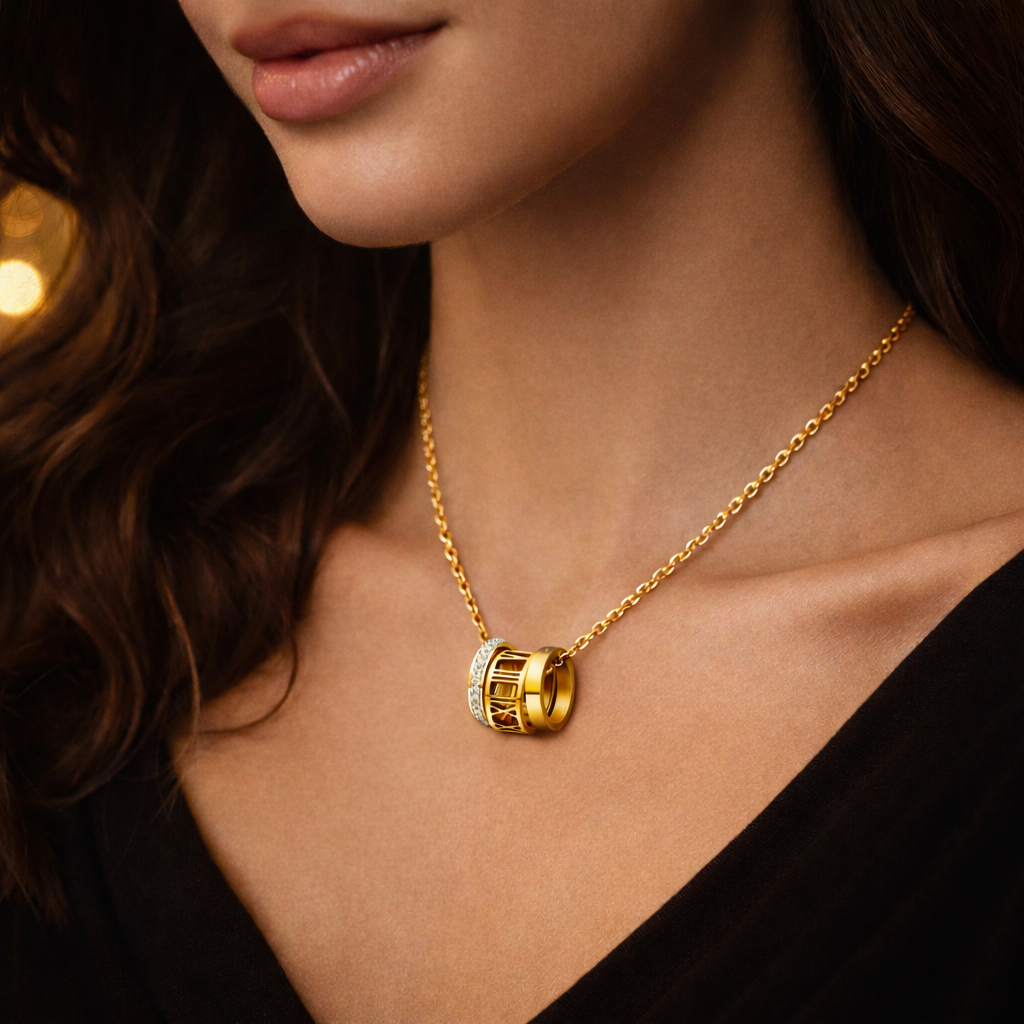 Gold Roman Numeral Ring Pendant Necklace