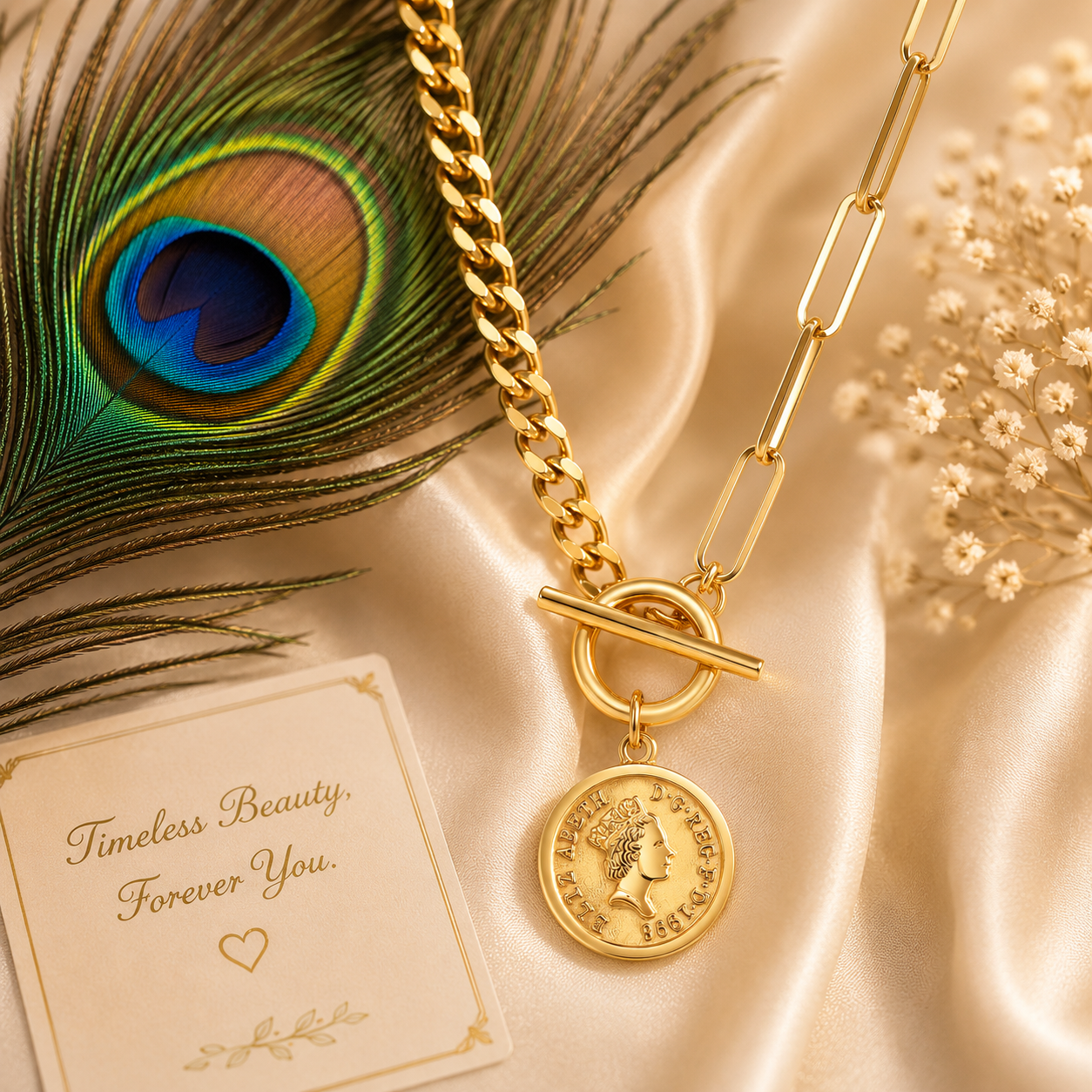 Designer Coin Pendant Chain Necklace & Bracelet Set – Waterproof Tarnish-Free Stainless Steel | Gold & Silver Necklace | Silver Bracelet