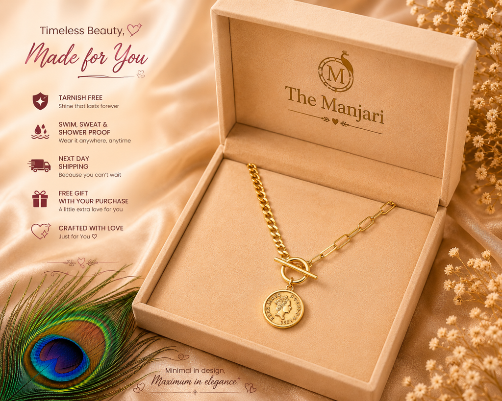 Designer Coin Pendant Chain Necklace & Bracelet Set – Waterproof Tarnish-Free Stainless Steel | Gold & Silver Necklace | Silver Bracelet
