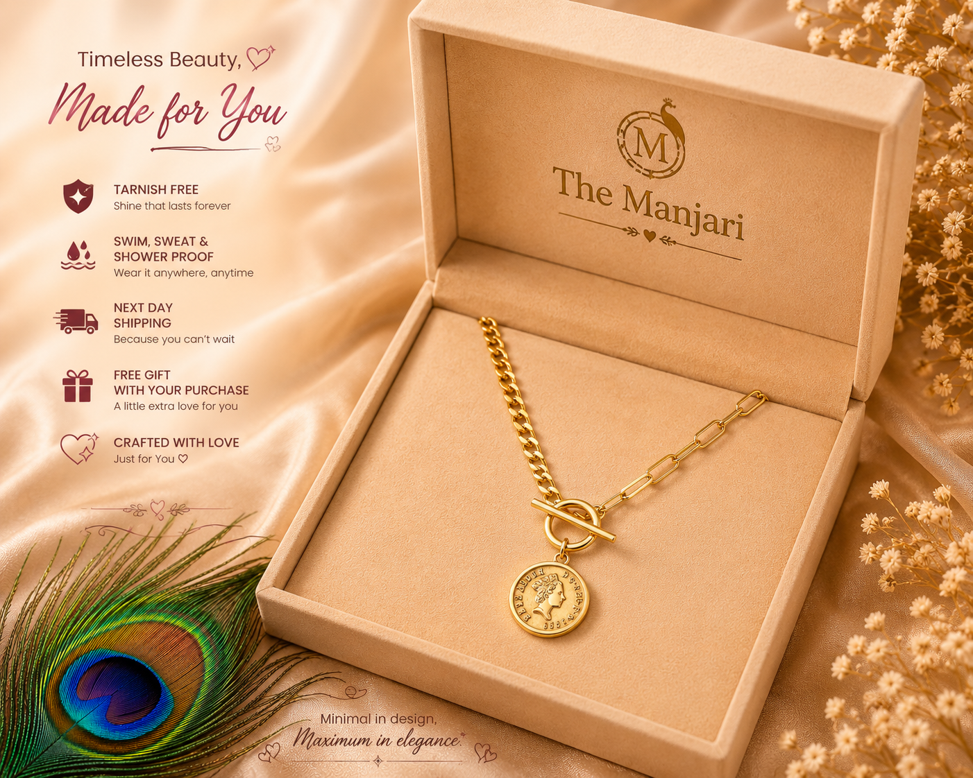Designer Coin Pendant Chain Necklace & Bracelet Set – Waterproof Tarnish-Free Stainless Steel | Gold & Silver Necklace | Silver Bracelet