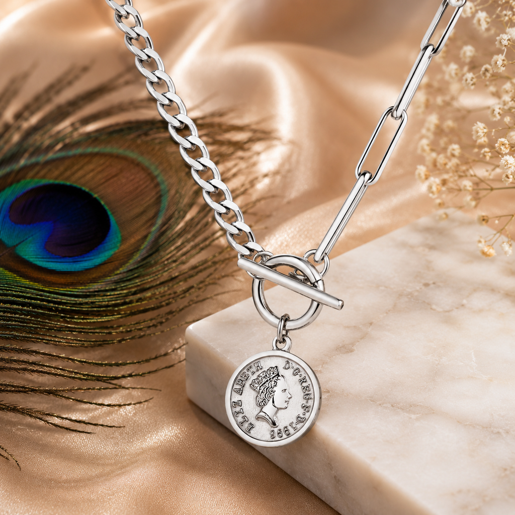 Designer Coin Pendant Chain Necklace & Bracelet Set – Waterproof Tarnish-Free Stainless Steel | Gold & Silver Necklace | Silver Bracelet
