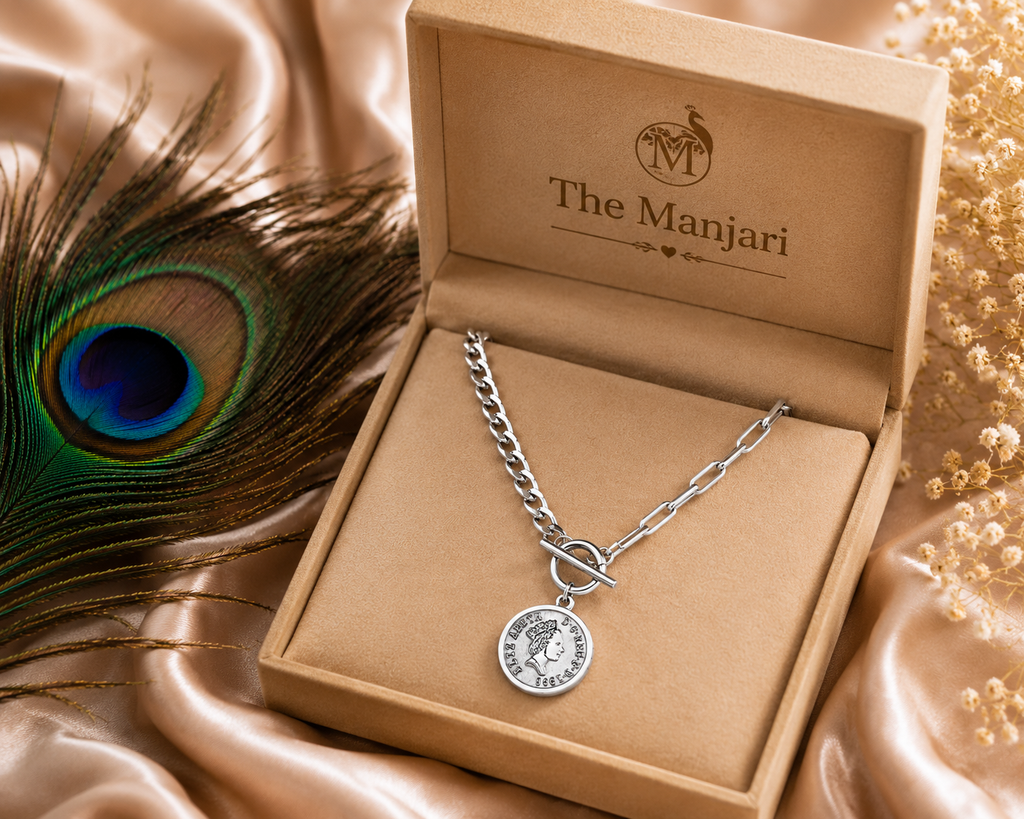 Designer Coin Pendant Chain Necklace & Bracelet Set – Waterproof Tarnish-Free Stainless Steel | Gold & Silver Necklace | Silver Bracelet