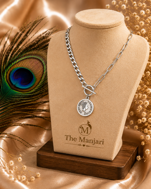 Designer Coin Pendant Chain Necklace & Bracelet Set – Waterproof Tarnish-Free Stainless Steel | Gold & Silver Necklace | Silver Bracelet