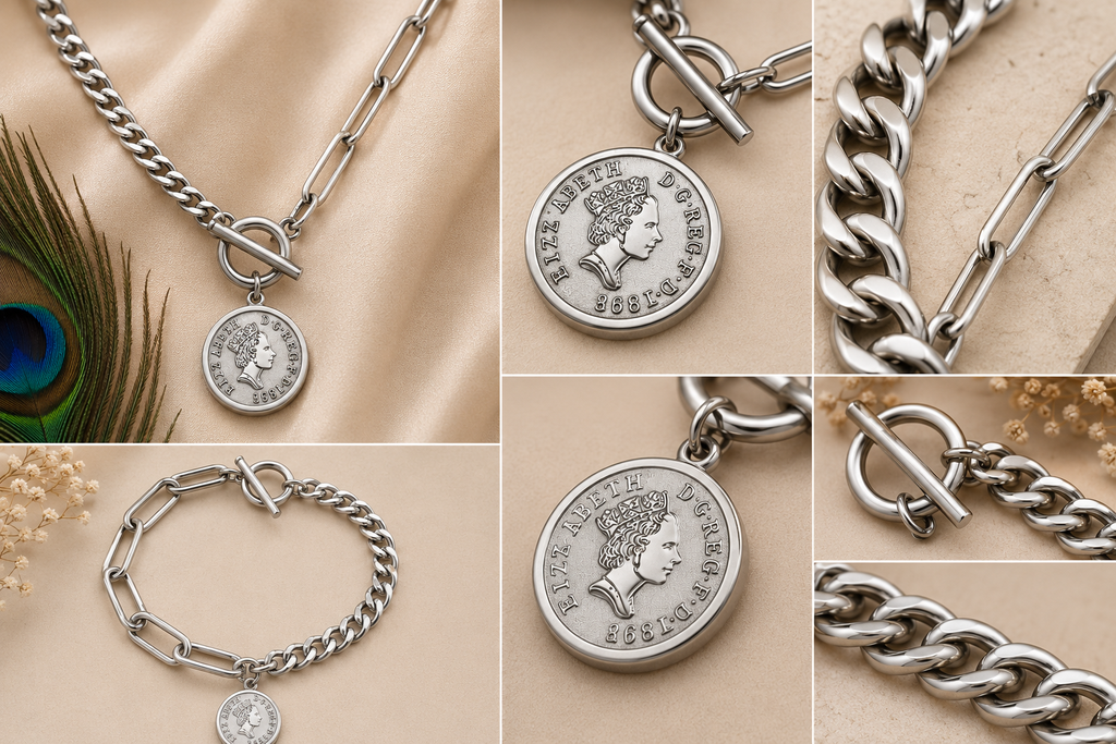 Designer Coin Pendant Chain Necklace & Bracelet Set – Waterproof Tarnish-Free Stainless Steel | Gold & Silver Necklace | Silver Bracelet