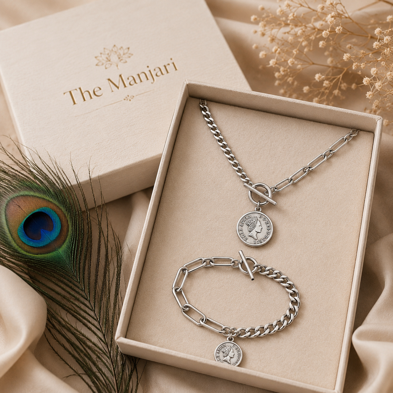 Designer Coin Pendant Chain Necklace & Bracelet Set – Waterproof Tarnish-Free Stainless Steel | Gold & Silver Necklace | Silver Bracelet