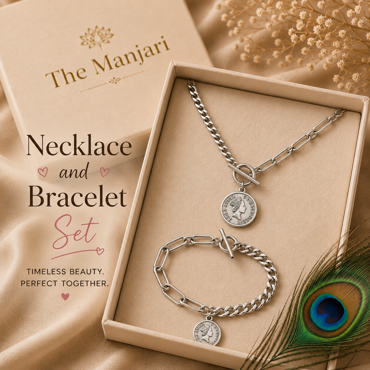 Designer Coin Pendant Chain Necklace & Bracelet Set – Waterproof Tarnish-Free Stainless Steel | Gold & Silver Necklace | Silver Bracelet