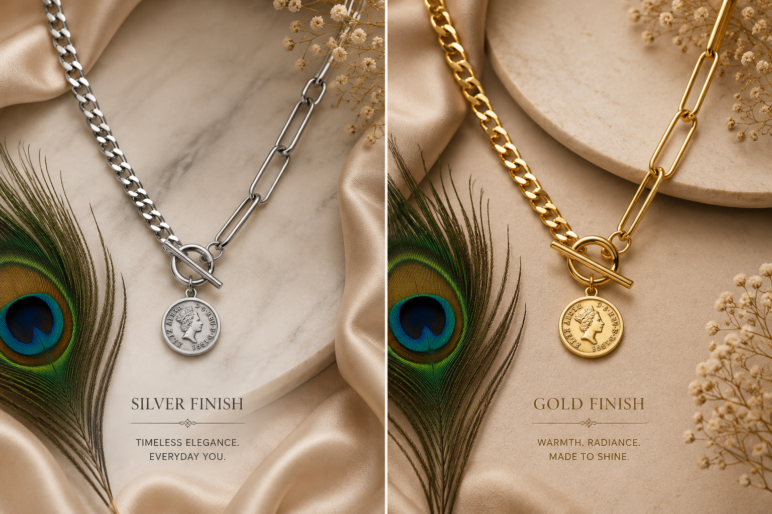Designer Coin Pendant Chain Necklace & Bracelet Set – Waterproof Tarnish-Free Stainless Steel | Gold & Silver Necklace | Silver Bracelet