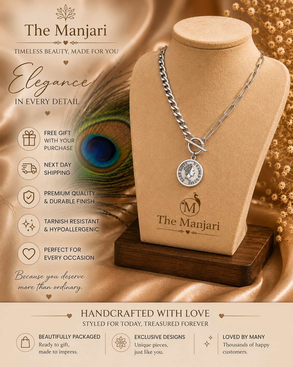 Designer Coin Pendant Chain Necklace & Bracelet Set – Waterproof Tarnish-Free Stainless Steel | Gold & Silver Necklace | Silver Bracelet