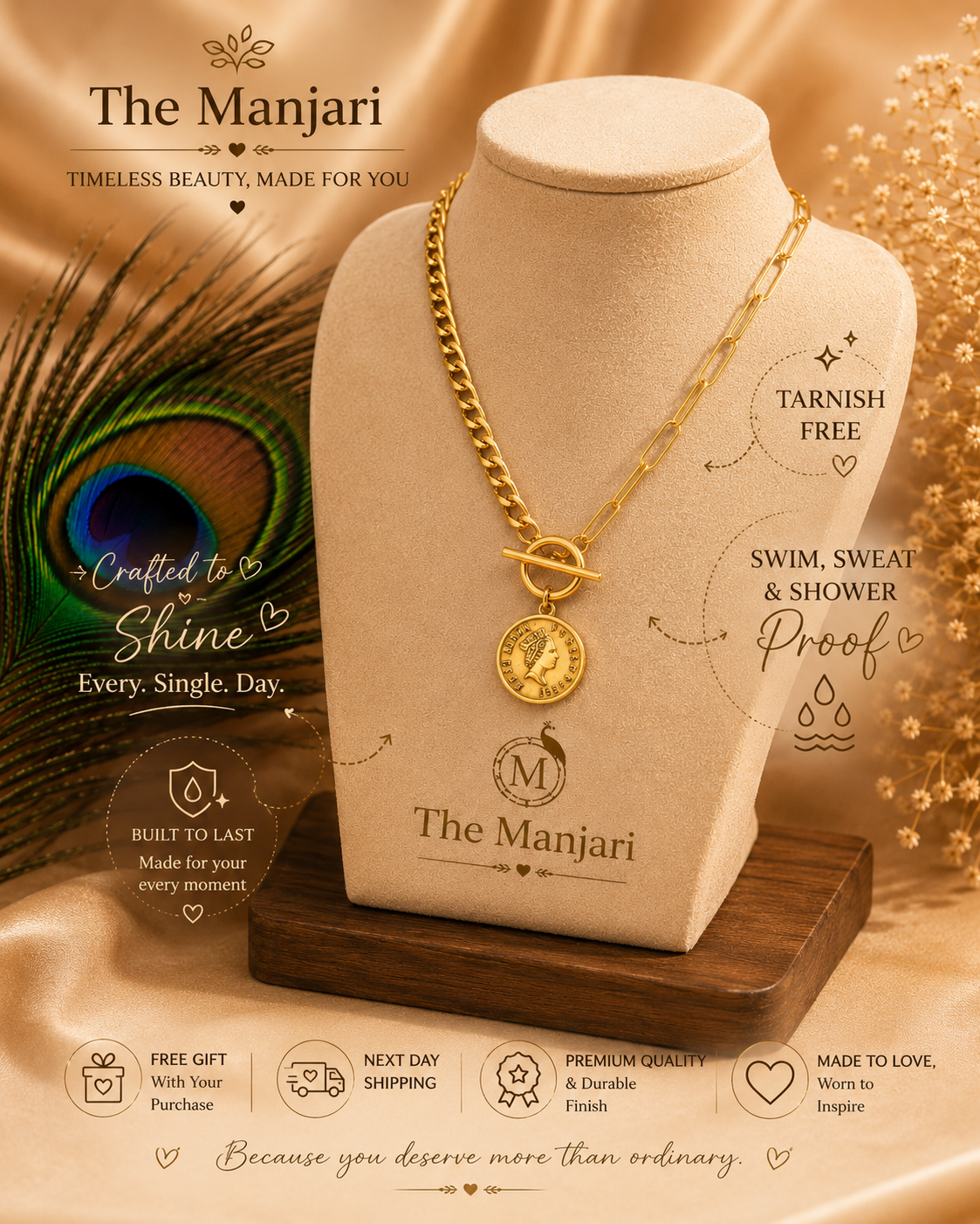 Designer Coin Pendant Chain Necklace & Bracelet Set – Waterproof Tarnish-Free Stainless Steel | Gold & Silver Necklace | Silver Bracelet