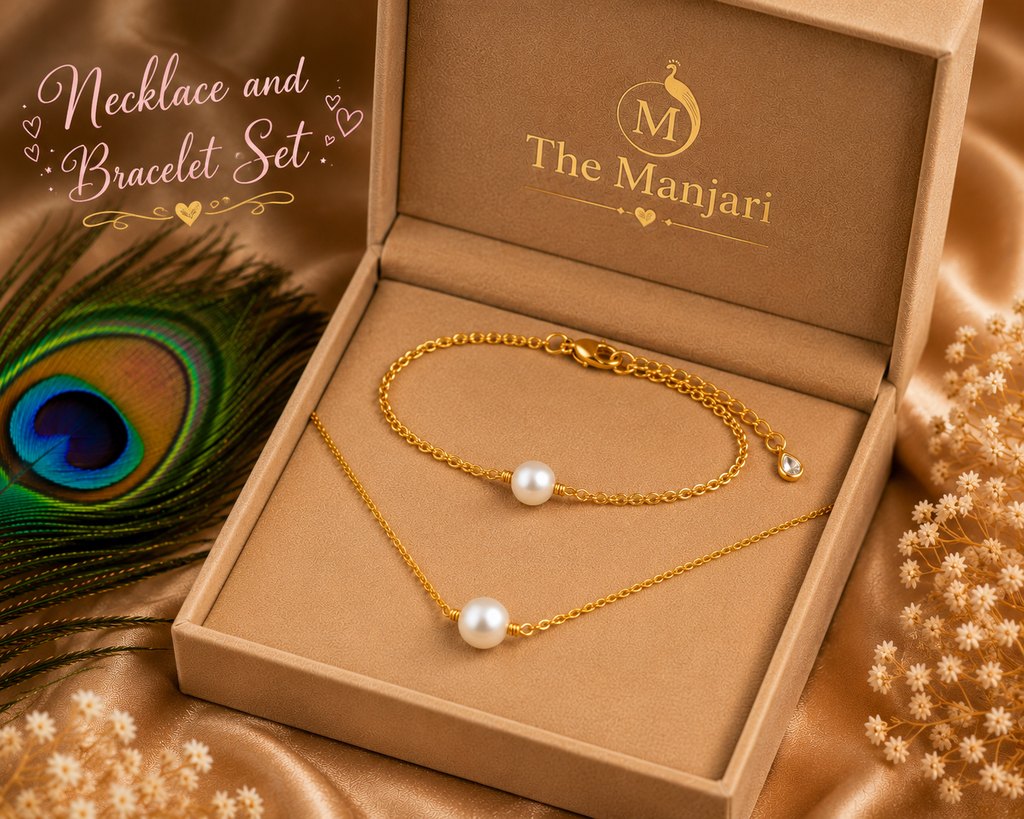 Pearl Necklace & Bracelet Set – 18K Gold Plated Stainless Steel | Waterproof Tarnish-Free Freshwater Pearl Jewelry