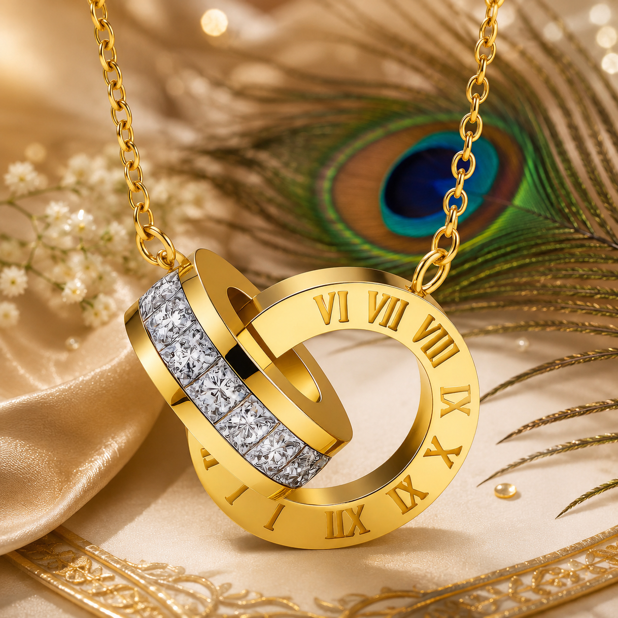 Roman Numeral Necklace & Earrings Set – 18K Gold Plated Stainless Steel | Waterproof Tarnish-Free CZ Jewelry