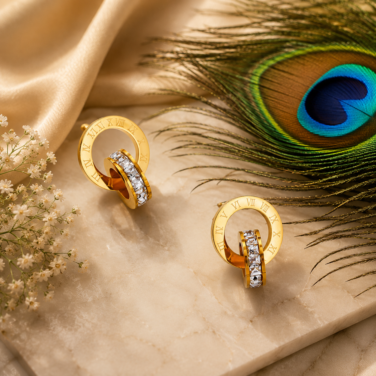 Roman Numeral Necklace & Earrings Set – 18K Gold Plated Stainless Steel | Waterproof Tarnish-Free CZ Jewelry