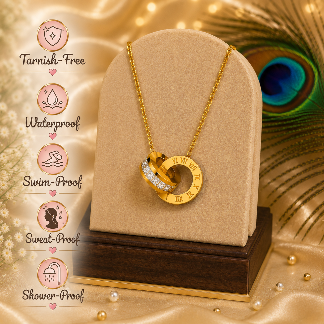 Roman Numeral Necklace & Earrings Set – 18K Gold Plated Stainless Steel | Waterproof Tarnish-Free CZ Jewelry