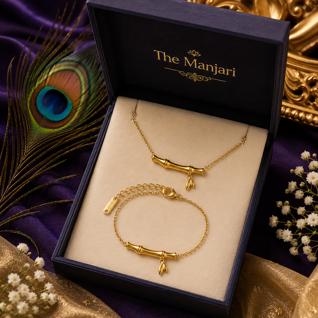 Bamboo Necklace & Bracelet Set – 18K Gold Plated Stainless Steel | Waterproof Tarnish-Free Minimalist Jewelry