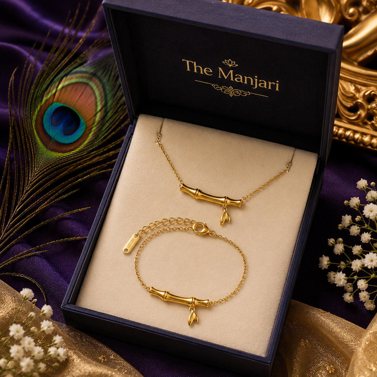 Bamboo Necklace & Bracelet Set – 18K Gold Plated Stainless Steel | Waterproof Tarnish-Free Minimalist Jewelry