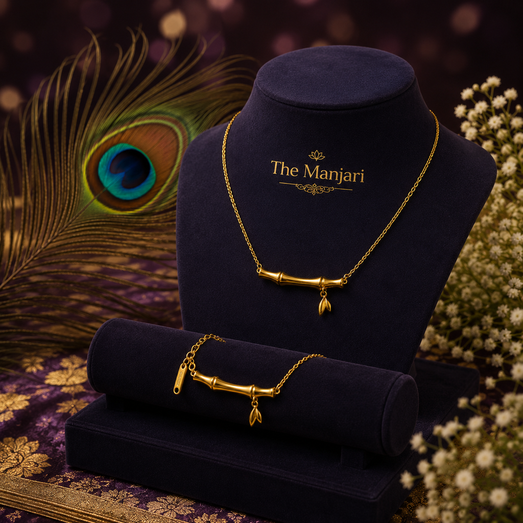 Bamboo Necklace & Bracelet Set – 18K Gold Plated Stainless Steel | Waterproof Tarnish-Free Minimalist Jewelry