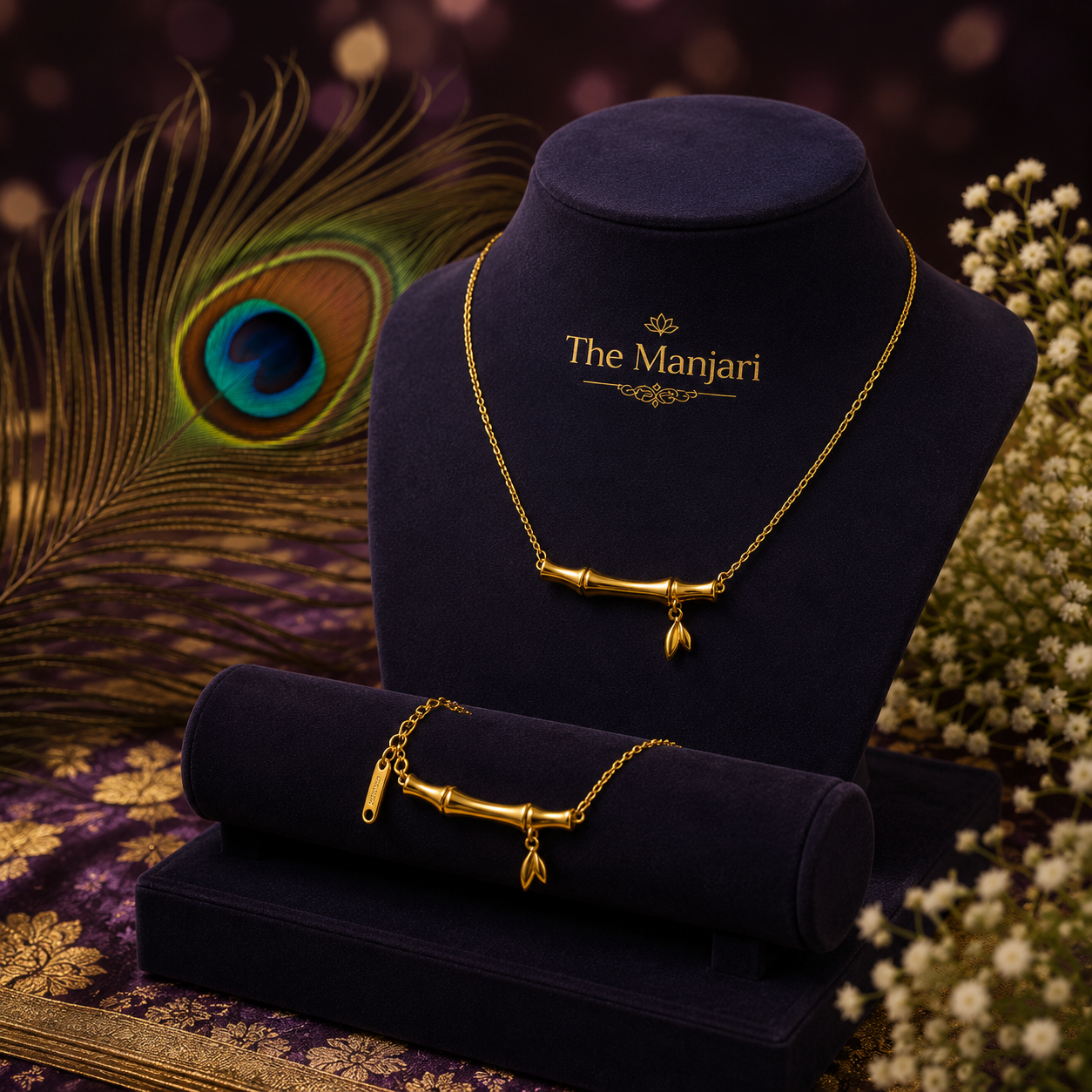 Bamboo Necklace & Bracelet Set – 18K Gold Plated Stainless Steel | Waterproof Tarnish-Free Minimalist Jewelry