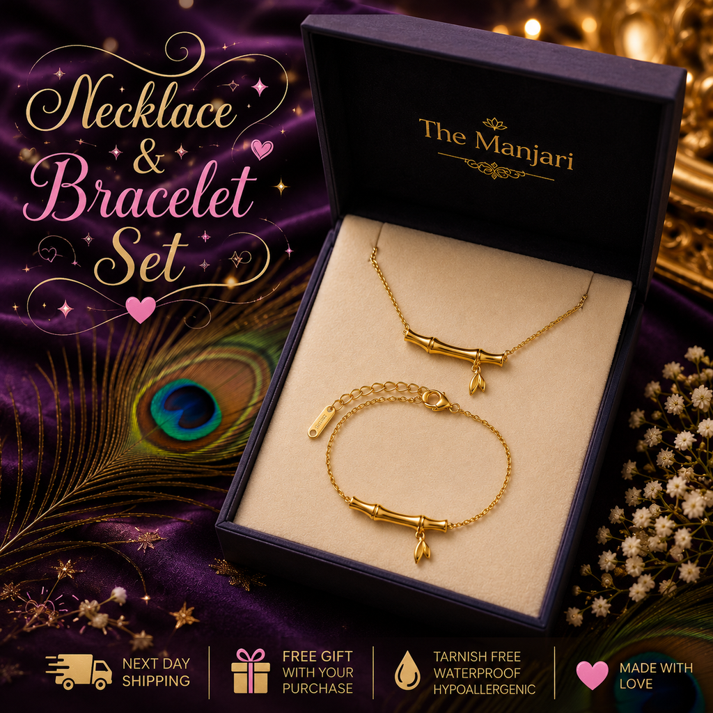 Bamboo Necklace & Bracelet Set – 18K Gold Plated Stainless Steel | Waterproof Tarnish-Free Minimalist Jewelry