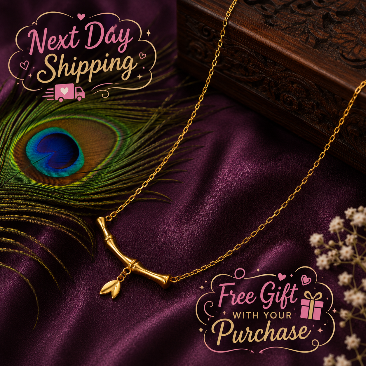 Bamboo Necklace & Bracelet Set – 18K Gold Plated Stainless Steel | Waterproof Tarnish-Free Minimalist Jewelry
