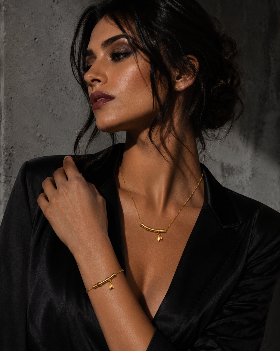 Bamboo Necklace & Bracelet Set – 18K Gold Plated Stainless Steel | Waterproof Tarnish-Free Minimalist Jewelry