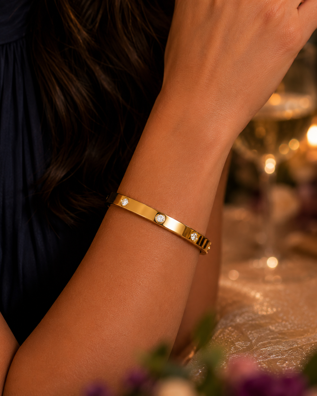 Gold Crystal Bangle Bracelet – Waterproof Tarnish-Free Stainless Steel Cuff Bracelet for Women | Minimalist Everyday Jewelry Gift