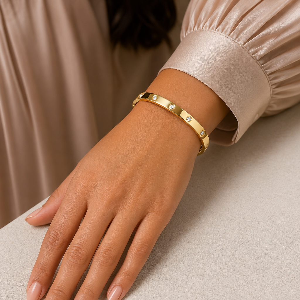 Gold Crystal Bangle Bracelet – Waterproof Tarnish-Free Stainless Steel Cuff Bracelet for Women | Minimalist Everyday Jewelry Gift