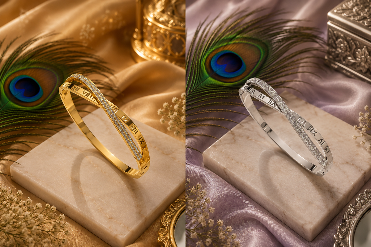 Roman Crystal Twist Bangle Bracelet – Waterproof Tarnish-Free Stainless Steel Cuff