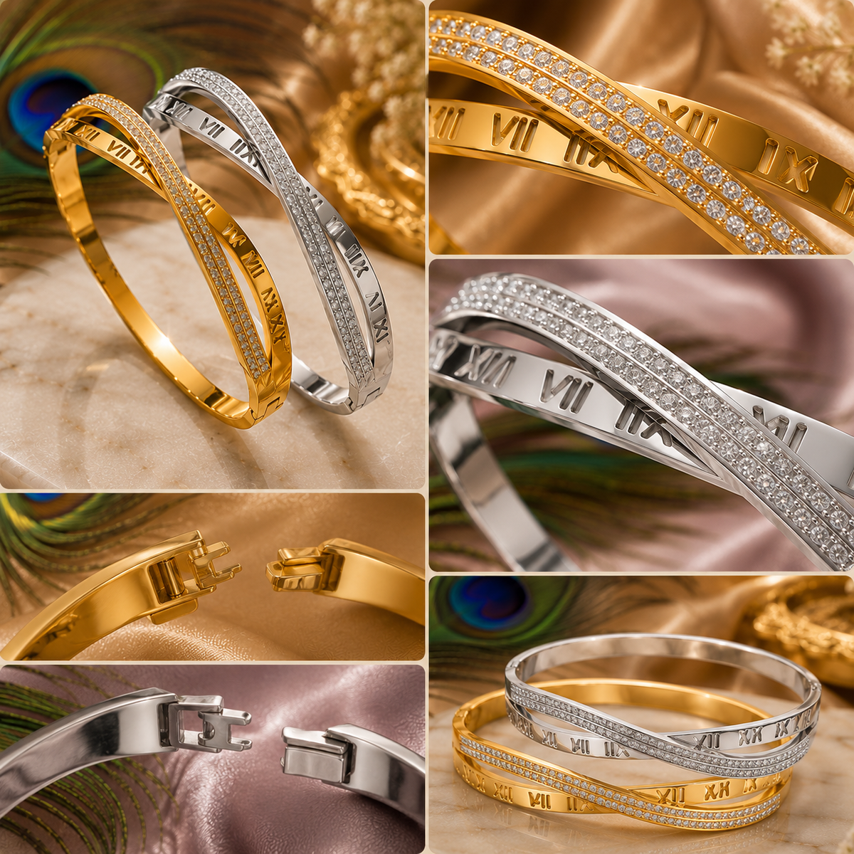 Roman Crystal Twist Bangle Bracelet – Waterproof Tarnish-Free Stainless Steel Cuff