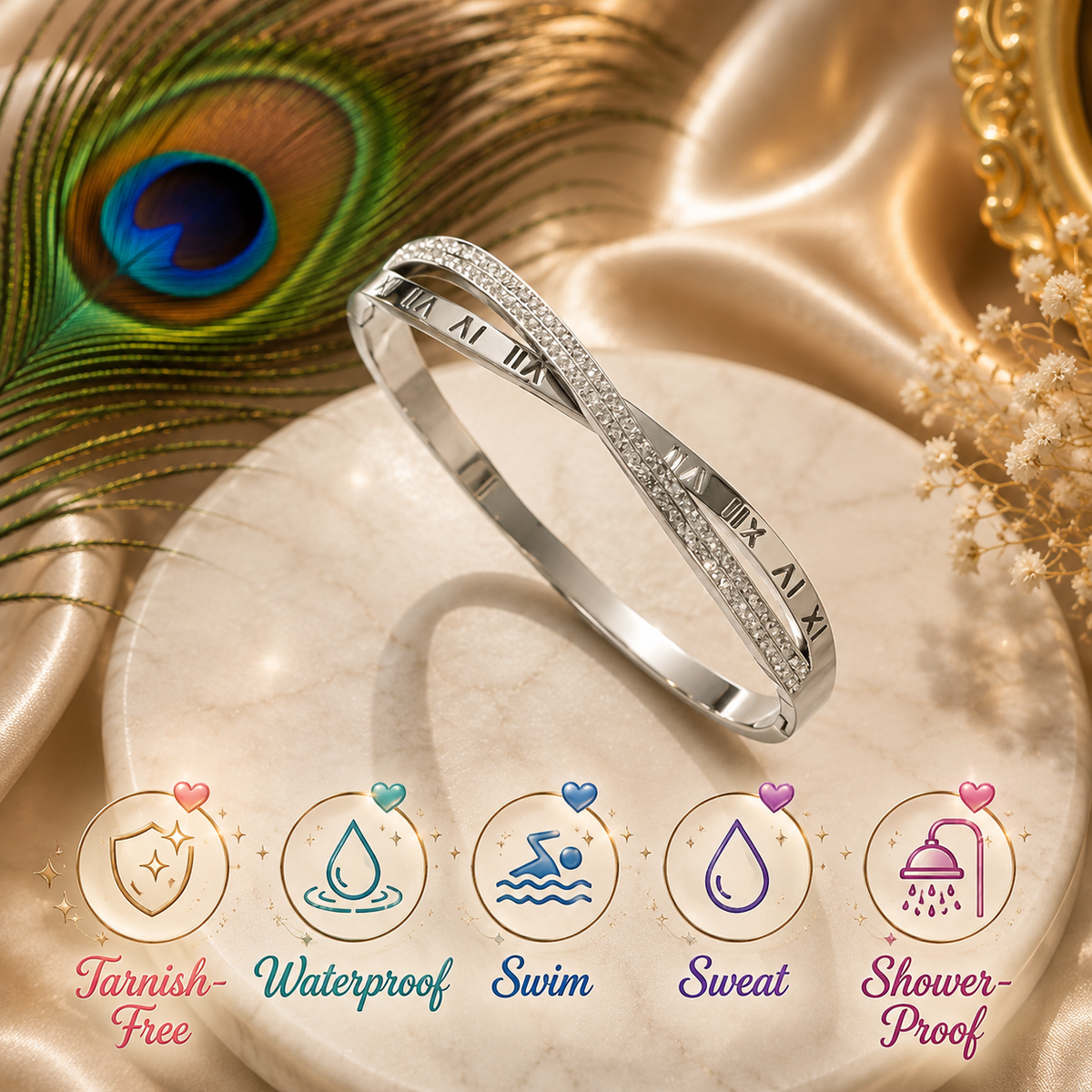 Roman Crystal Twist Bangle Bracelet – Waterproof Tarnish-Free Stainless Steel Cuff