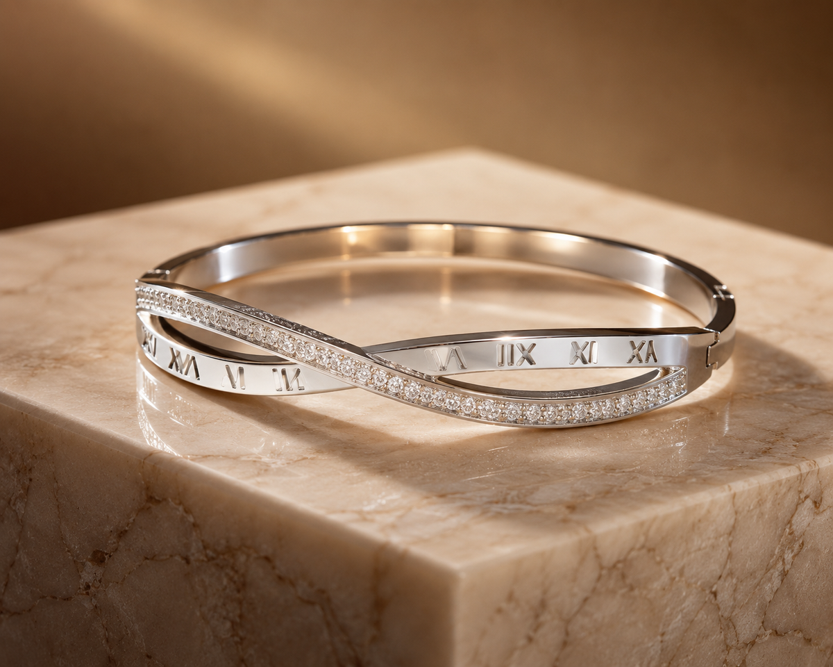 Roman Crystal Twist Bangle Bracelet – Waterproof Tarnish-Free Stainless Steel Cuff