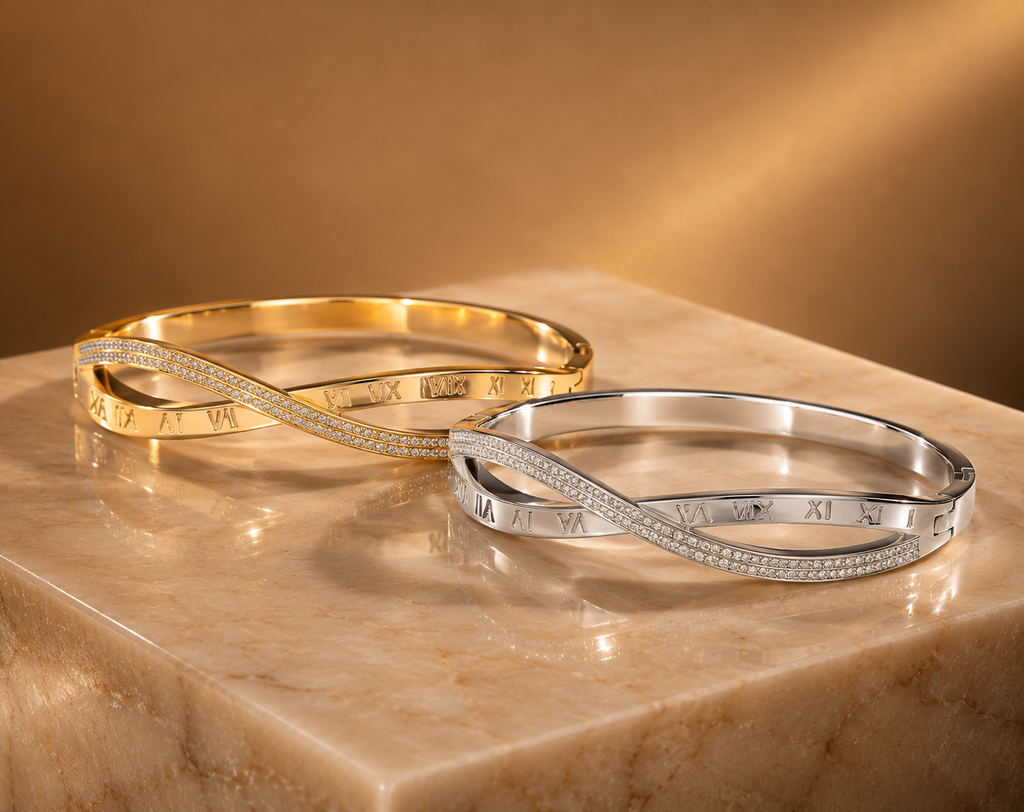 Roman Crystal Twist Bangle Bracelet – Waterproof Tarnish-Free Stainless Steel Cuff