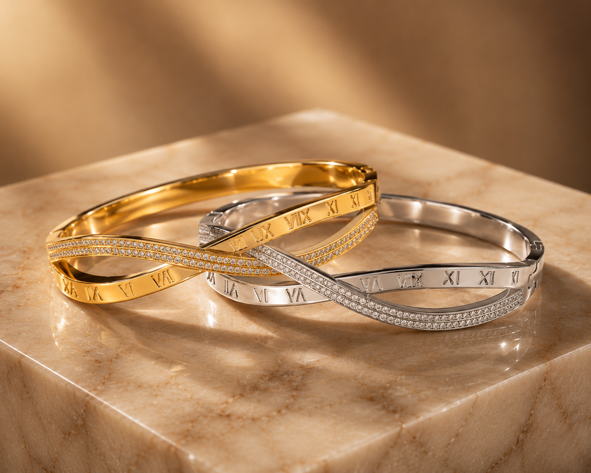 Roman Crystal Twist Bangle Bracelet – Waterproof Tarnish-Free Stainless Steel Cuff