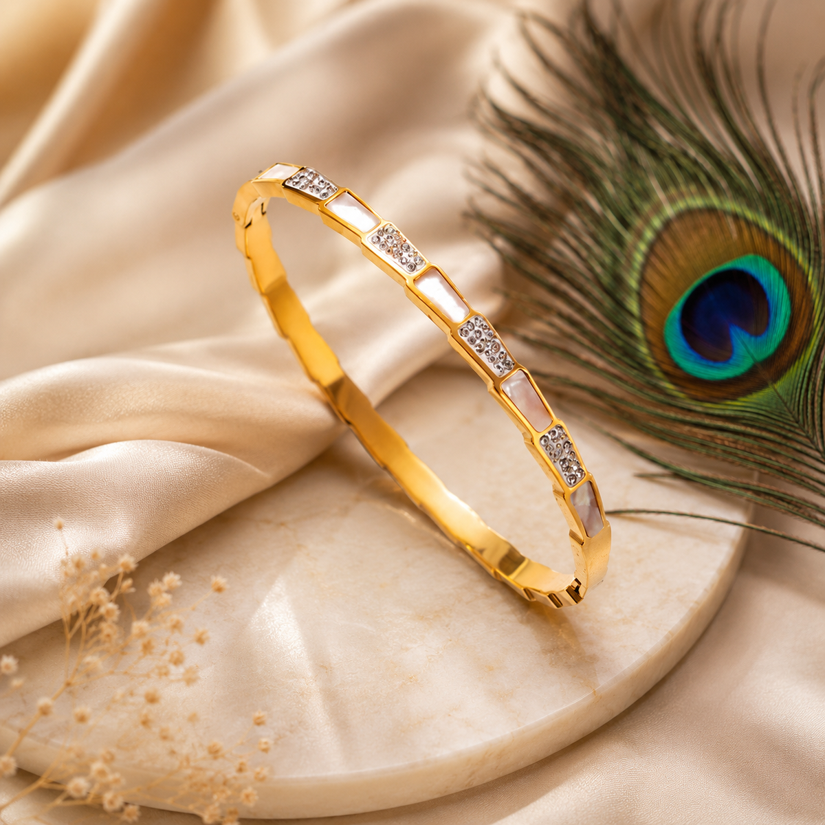 Geometric Crystal Bangle Bracelet – 18K Gold Plated Waterproof Tarnish-Free Stainless Steel Cuff (Gold & Silver)