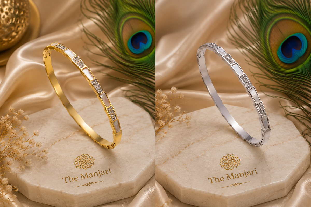Geometric Crystal Bangle Bracelet – 18K Gold Plated Waterproof Tarnish-Free Stainless Steel Cuff (Gold & Silver)
