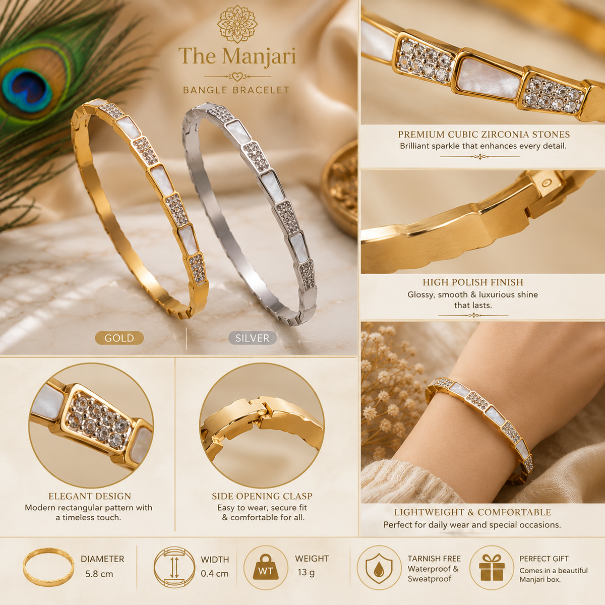 Geometric Crystal Bangle Bracelet – 18K Gold Plated Waterproof Tarnish-Free Stainless Steel Cuff (Gold & Silver)