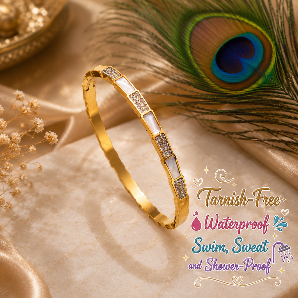 Geometric Crystal Bangle Bracelet – 18K Gold Plated Waterproof Tarnish-Free Stainless Steel Cuff (Gold & Silver)