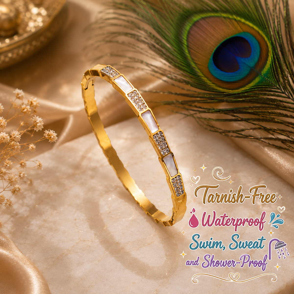 Geometric Crystal Bangle Bracelet – 18K Gold Plated Waterproof Tarnish-Free Stainless Steel Cuff (Gold & Silver)
