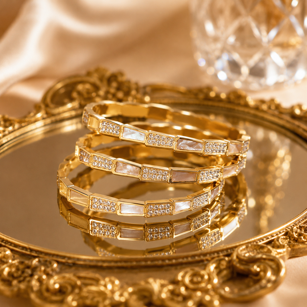 Geometric Crystal Bangle Bracelet – 18K Gold Plated Waterproof Tarnish-Free Stainless Steel Cuff (Gold & Silver)
