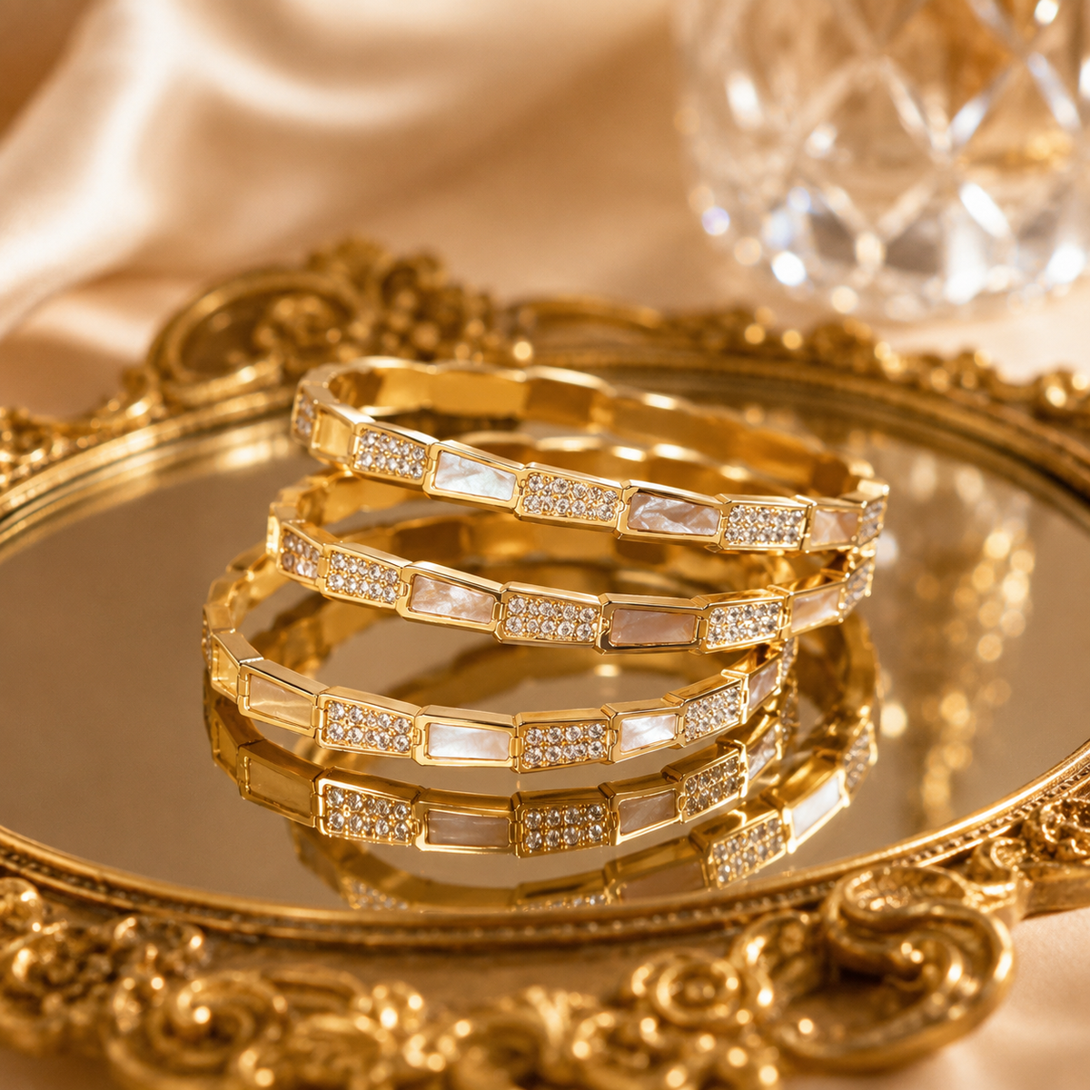 Geometric Crystal Bangle Bracelet – 18K Gold Plated Waterproof Tarnish-Free Stainless Steel Cuff (Gold & Silver)