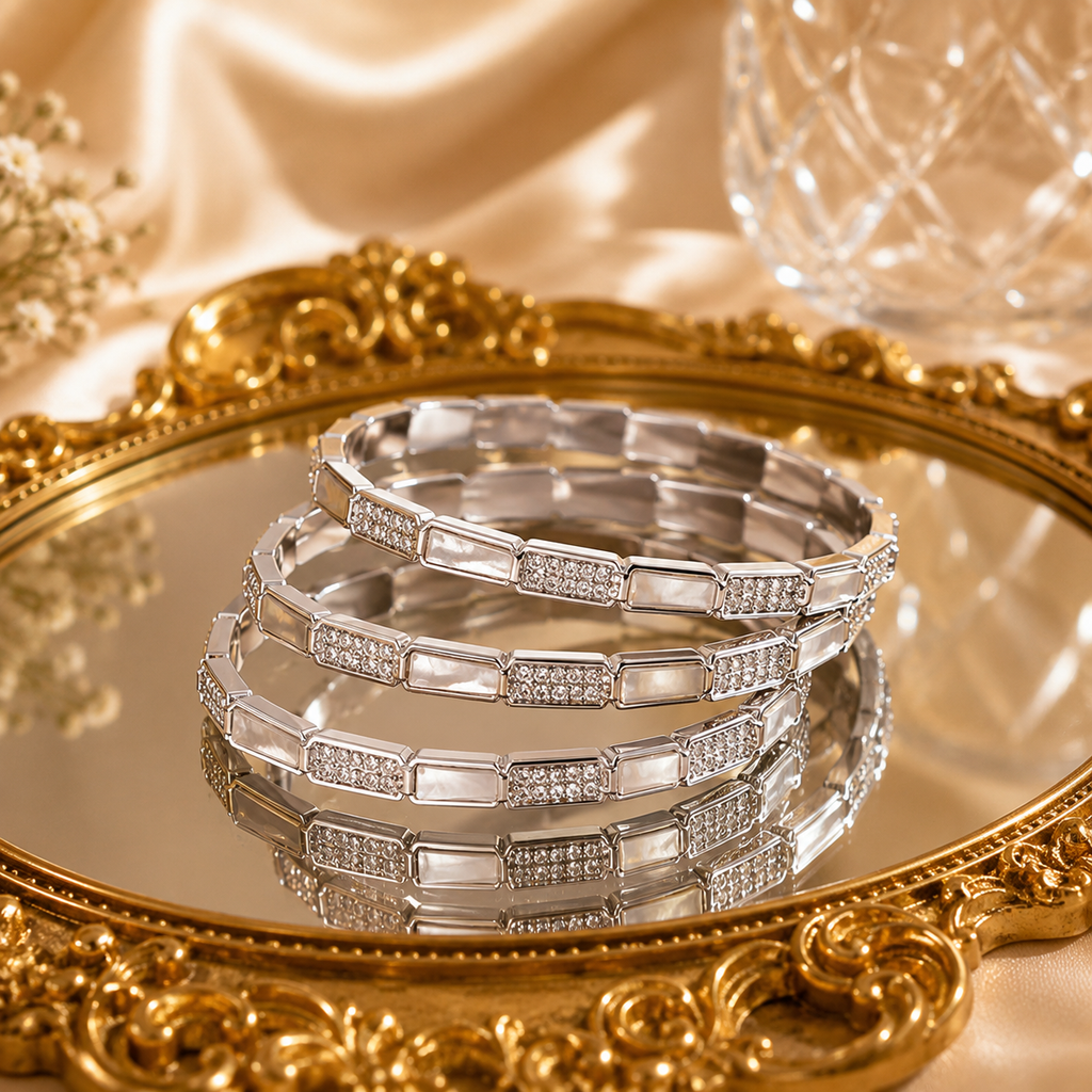 Geometric Crystal Bangle Bracelet – 18K Gold Plated Waterproof Tarnish-Free Stainless Steel Cuff (Gold & Silver)
