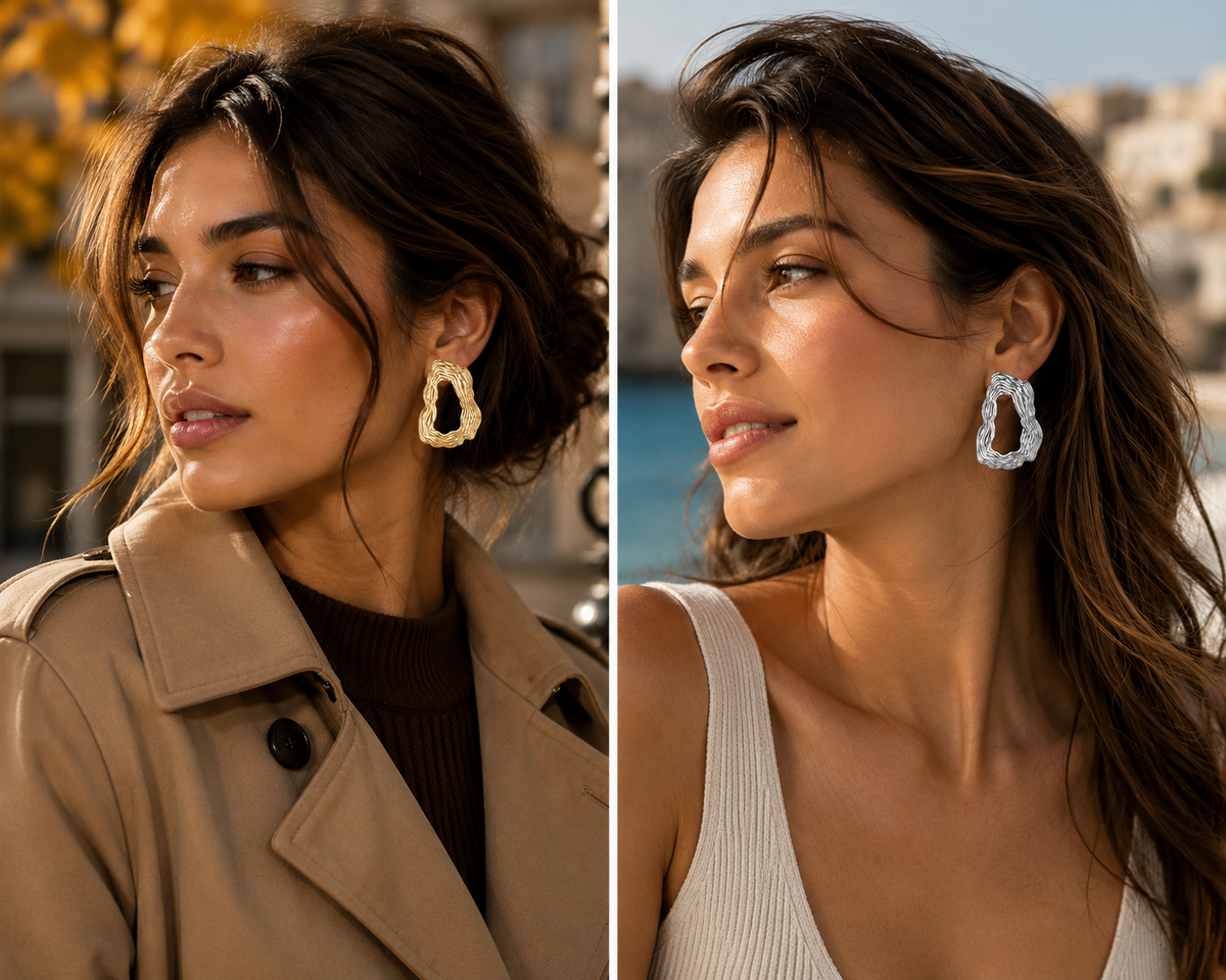 Organic Statement Earrings for Women – Gold & Silver Textured Geometric Earrings, Waterproof Tarnish-Free Stainless Steel Jewelry