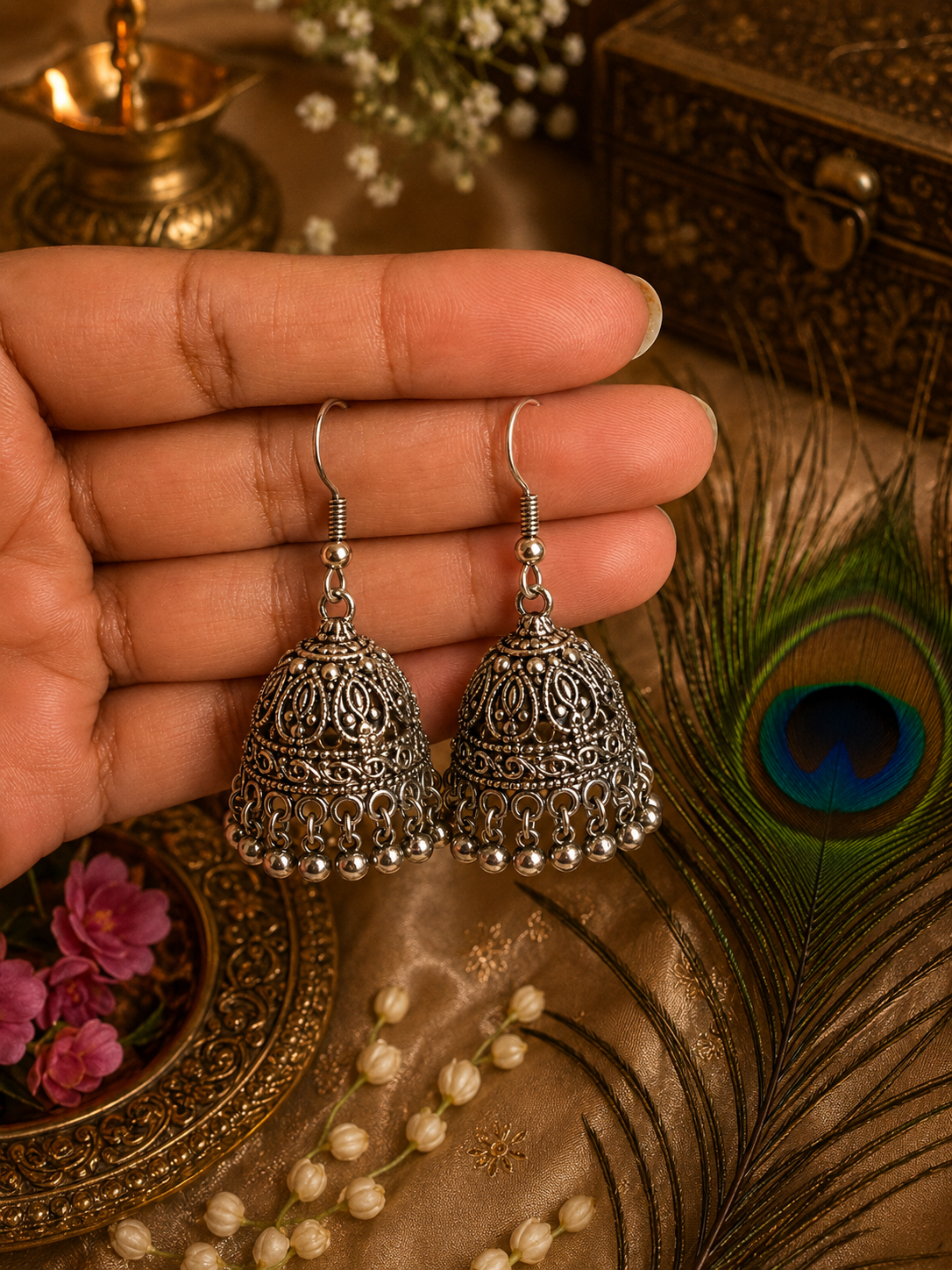 Classic Oxidised Silver Jhumki Earrings